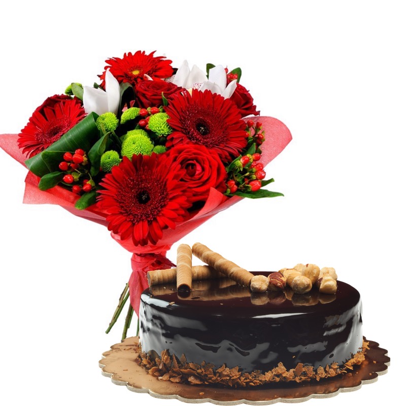 Bouquet rosso e torta al cioccolato
